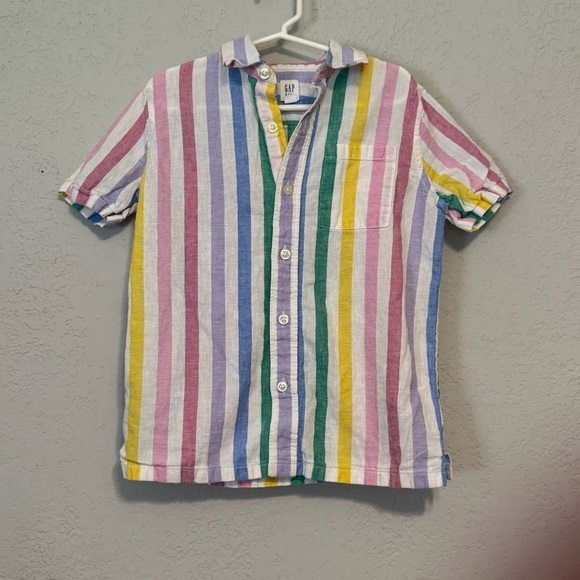 Kid's Gap Pastel Rainbow Striped Short Sleeve Button Down Casual Shirt - Picture 2 of 9